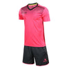 Pink sports jersey and black shorts set with brand logo on a white background