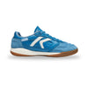 A blue suede and synthetic leather sneaker with a white side stripe, blue laces, and a brown gum outsole, shown from a side profile on a white background.