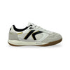 A white low-top athletic shoe with black and gold accents, featuring a white laces and a brown gum outsole, shown from a side profile on a white background.