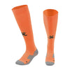 Pair of orange knee-high socks with gray toes and heels on a white background