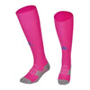 Pair of pink knee-high socks with gray toes and heels on a white background