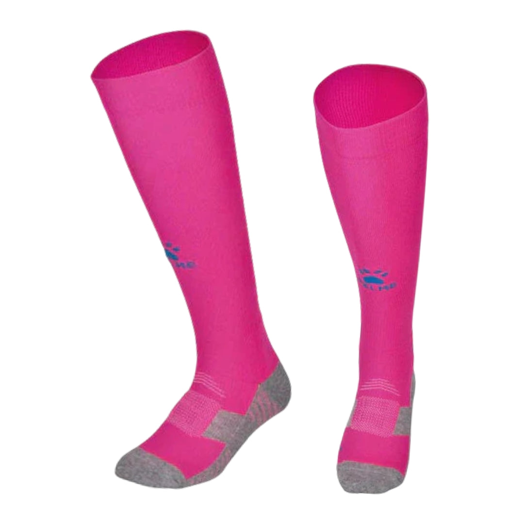 Pair of pink knee-high socks with gray toes and heels on a white background