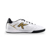 White sports shoe with black accents and a gold logo on a white background