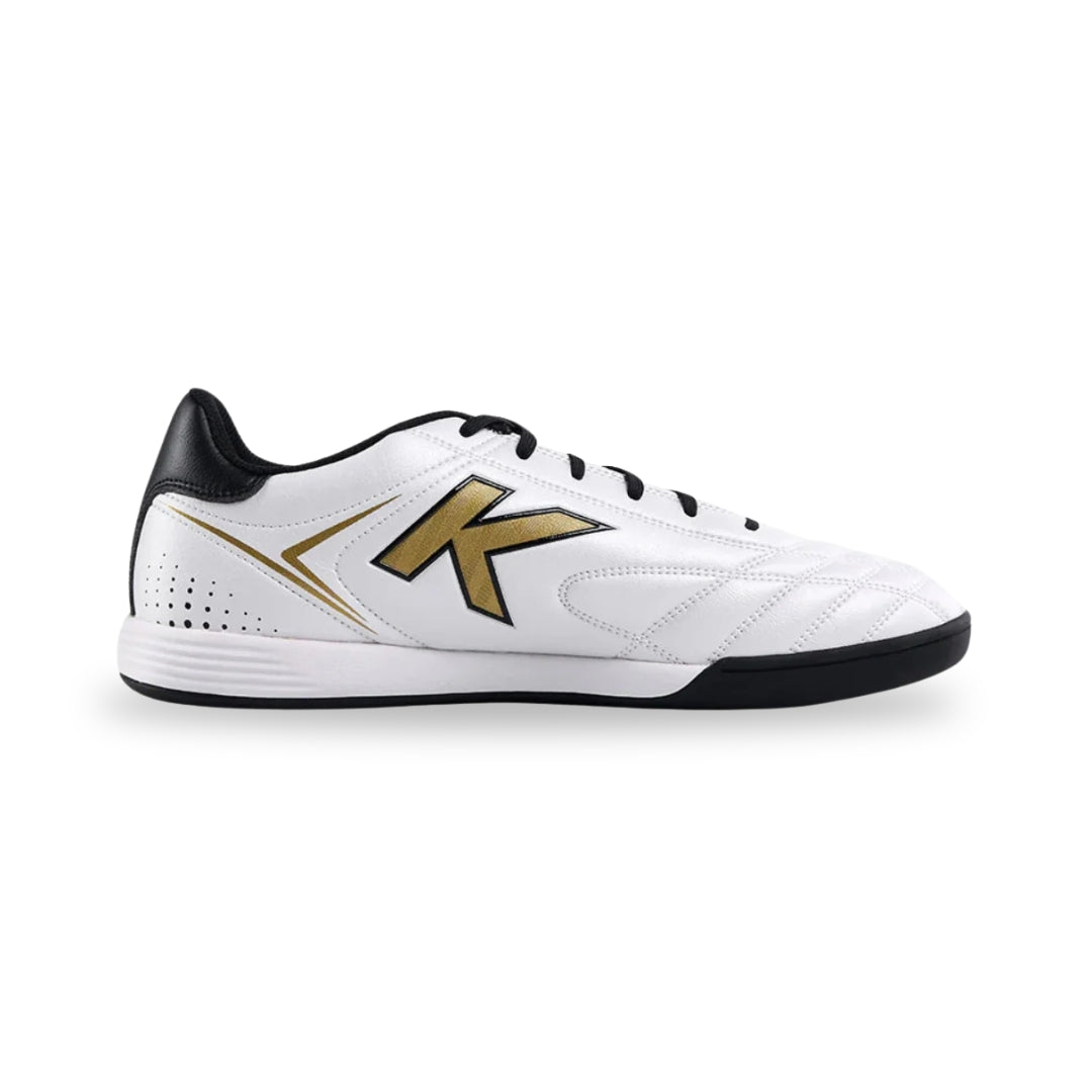 White sports shoe with black accents and a gold logo on a white background