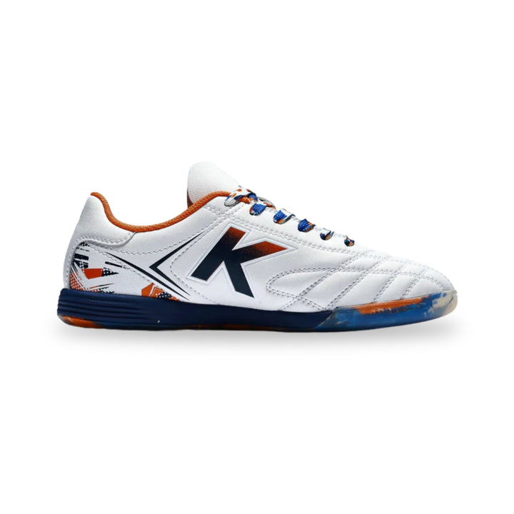 White sports shoe with blue accents on a white background