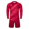 Red soccer goalkeeper jersey with shorts on a white background