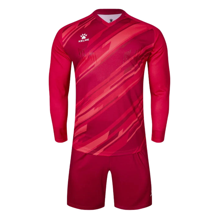 Red soccer goalkeeper jersey with shorts on a white background