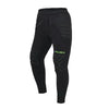 Black athletic pants with green logo on a light gray background