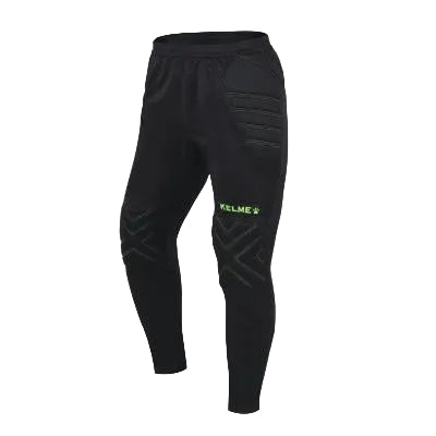 Black athletic pants with green logo on a light gray background
