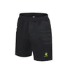 Black shorts with a brand logo on a light gray background