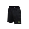 Black shorts with a green logo on a white background