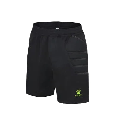 Black shorts with a brand logo on a light gray background