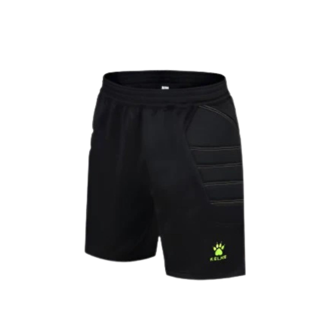 Black shorts with a green logo on a white background