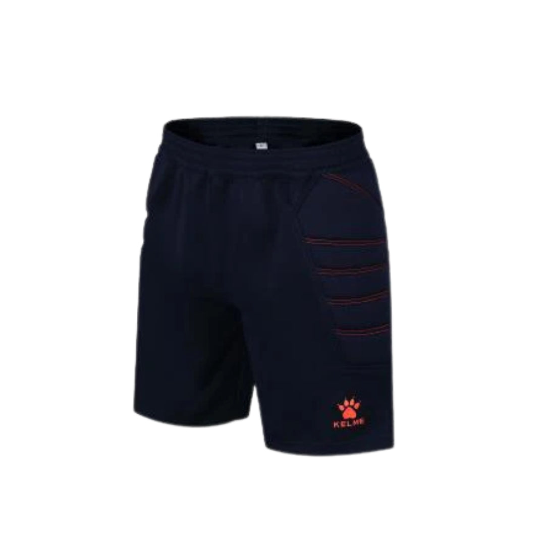Black shorts with red accents and a logo on a white background