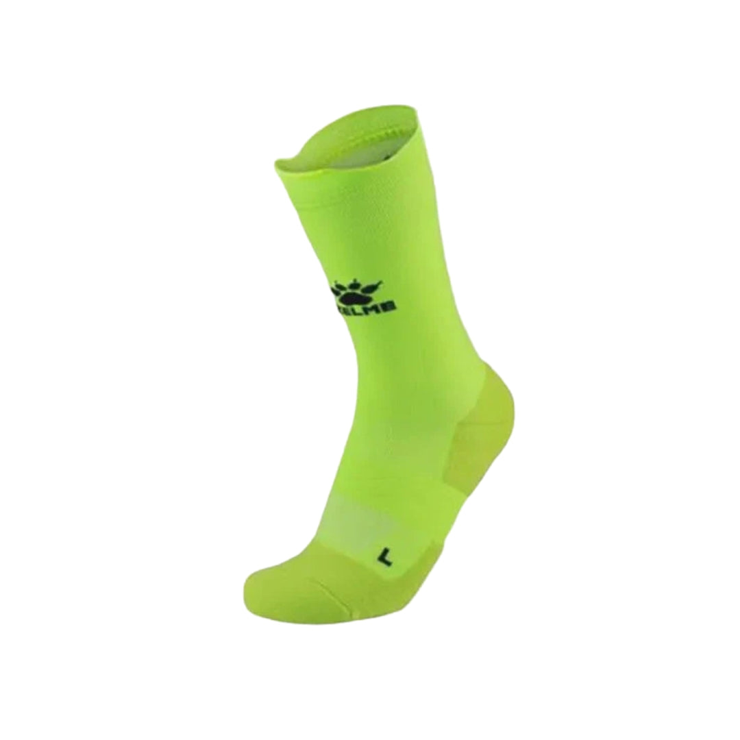Bright green sock with a brand logo on a white background