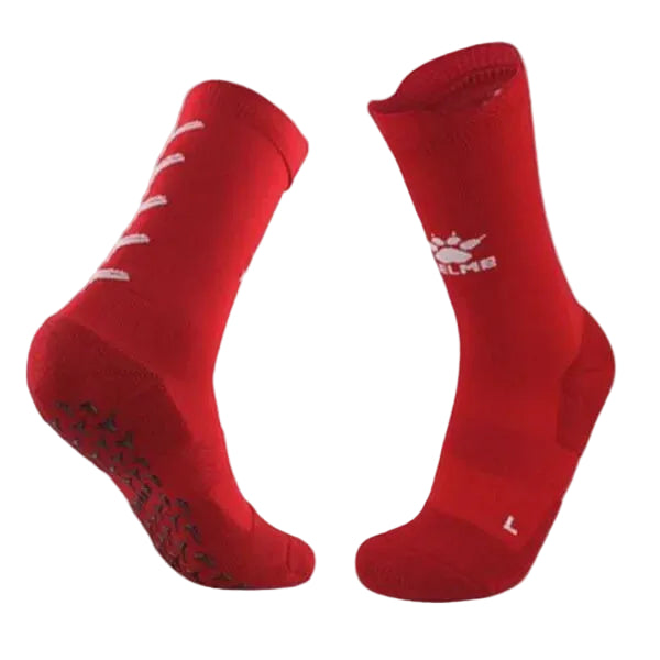 Red socks with a logo on a light gray background