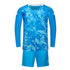 Blue digital camouflage sports jersey and shorts set on a white background