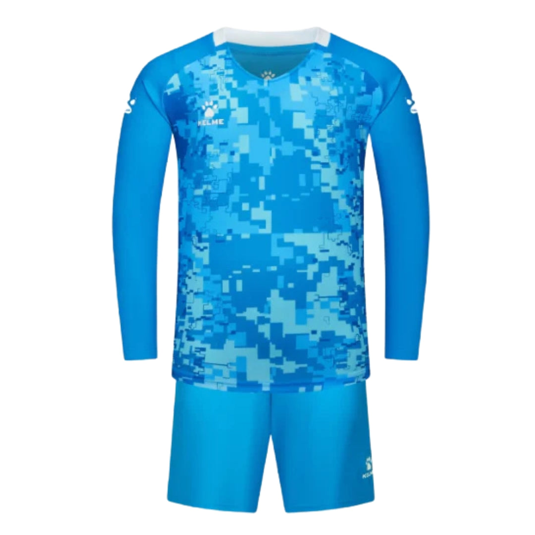Blue digital camouflage sports jersey and shorts set on a white background