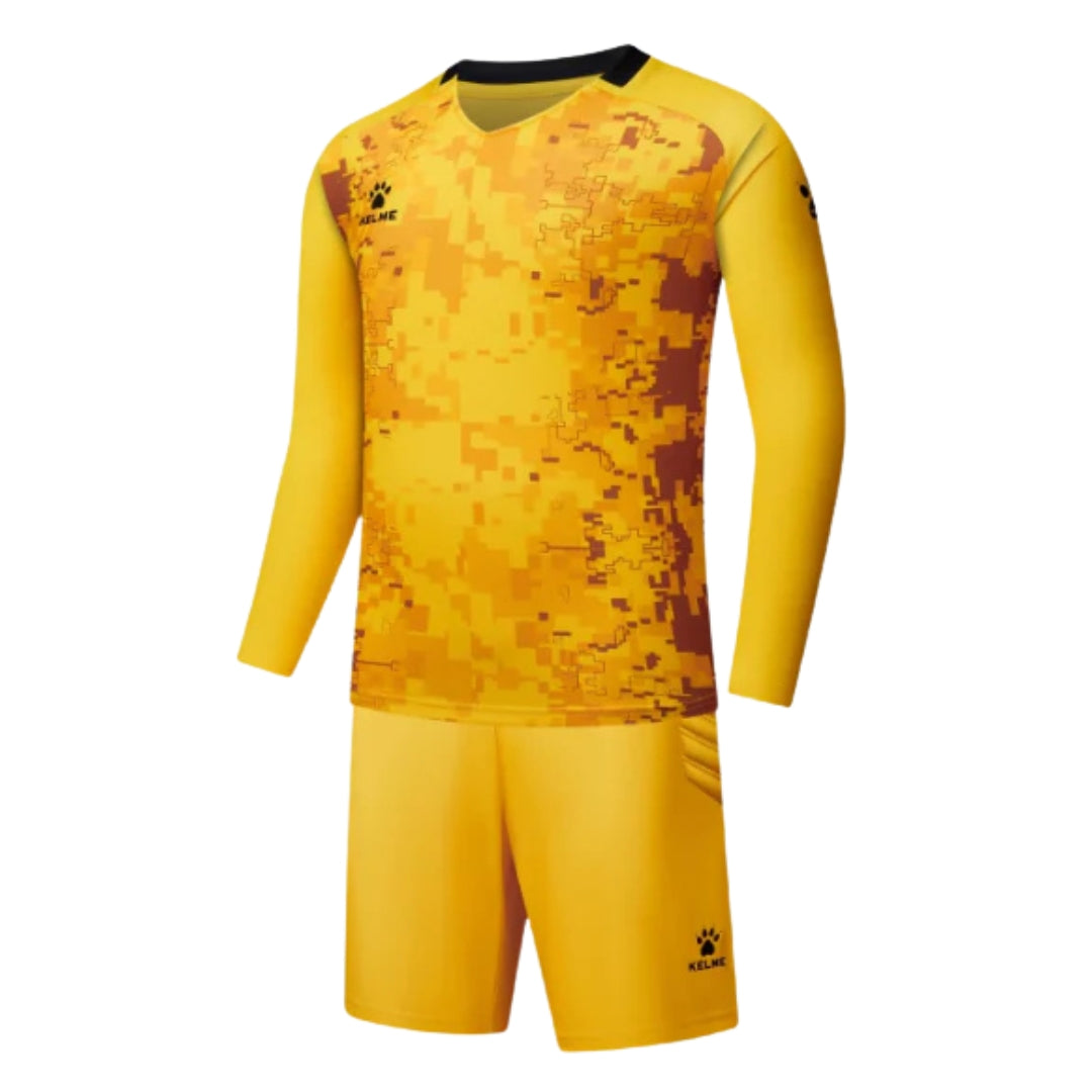 Yellow goalkeeper jersey with digital camouflage pattern on a white background