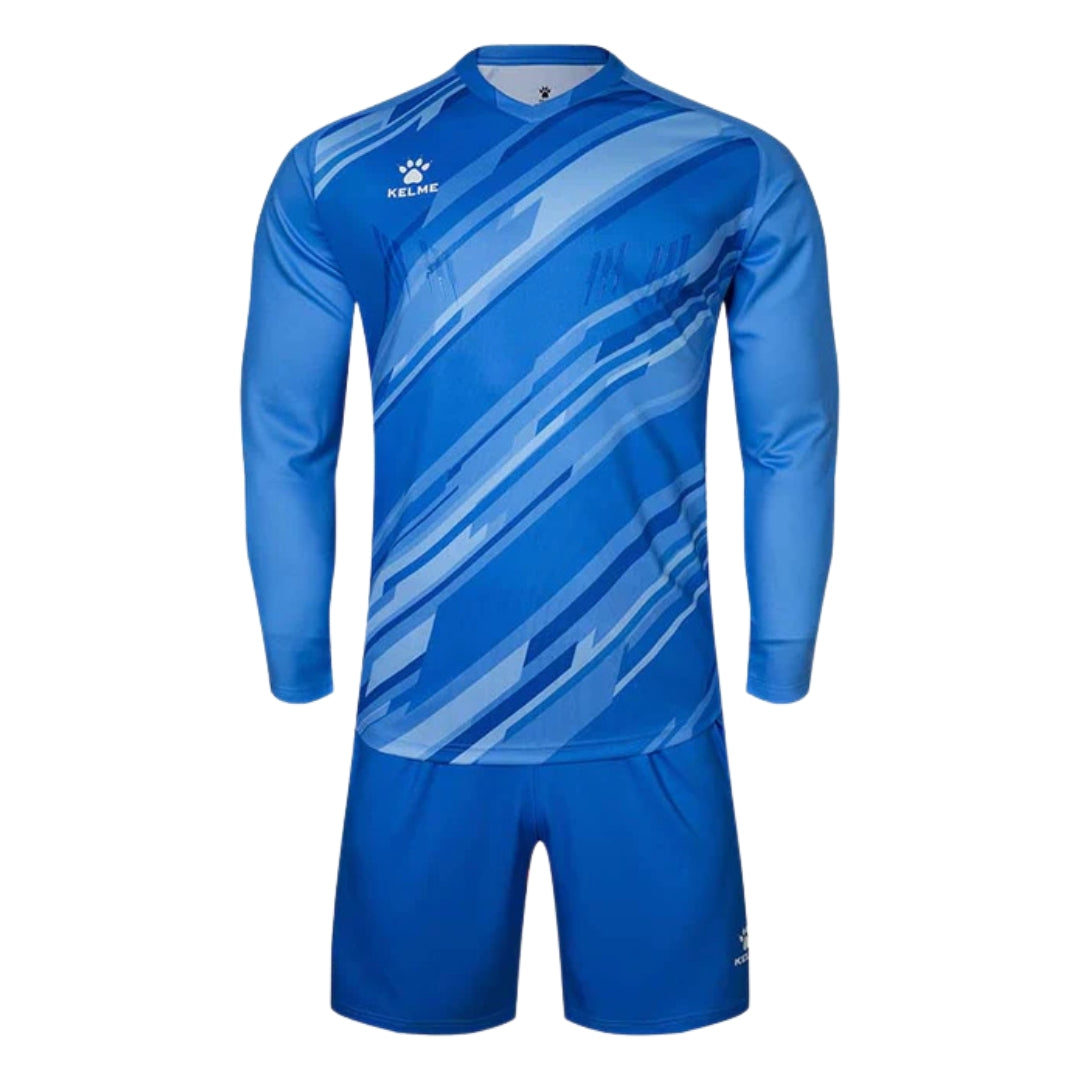 Blue sports jersey with long sleeves and shorts on a white background
