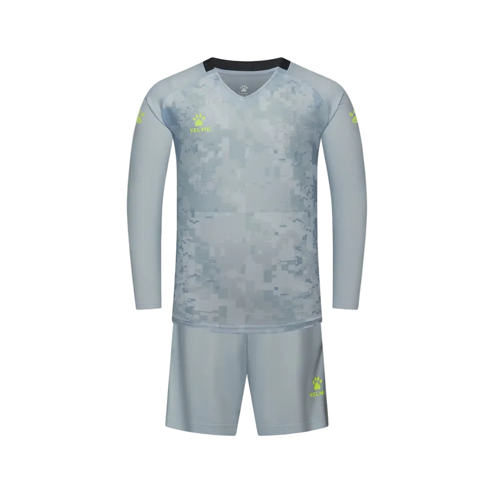 Gray sports outfit with digital camouflage pattern on a white background