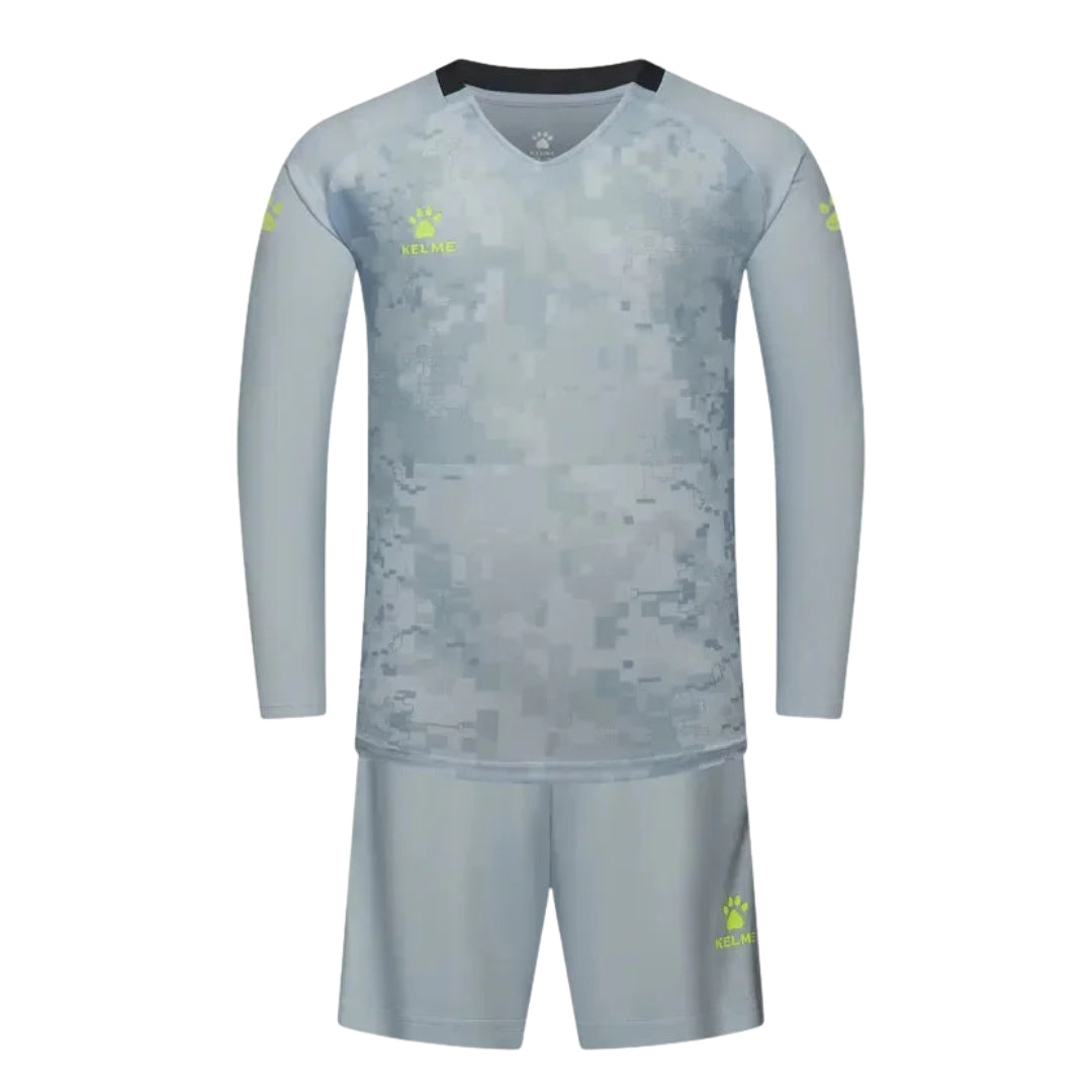 Gray sports outfit with long-sleeve top and shorts on a white background