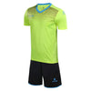 Green sports jersey and black shorts with blue accents on a white background