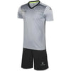 Gray sports jersey and black shorts set with 'KELME' branding on a white background