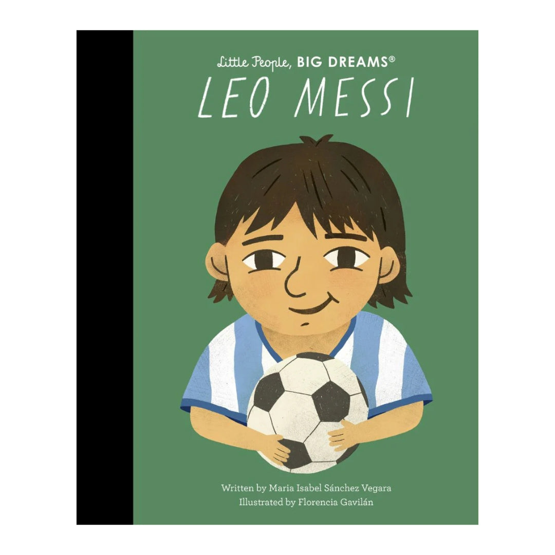 Book cover of 'Leo Messi' from Little People, BIG DREAMS series with a green background and illustration of a child holding a soccer ball.