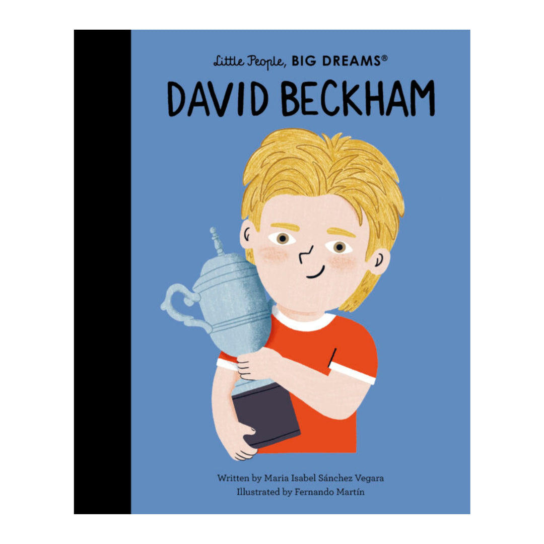 Children's book cover titled 'David Beckham' from the 'Little People, Big Dreams' series, featuring an illustration of a blond boy in an orange shirt holding a silver trophy against a blue background.