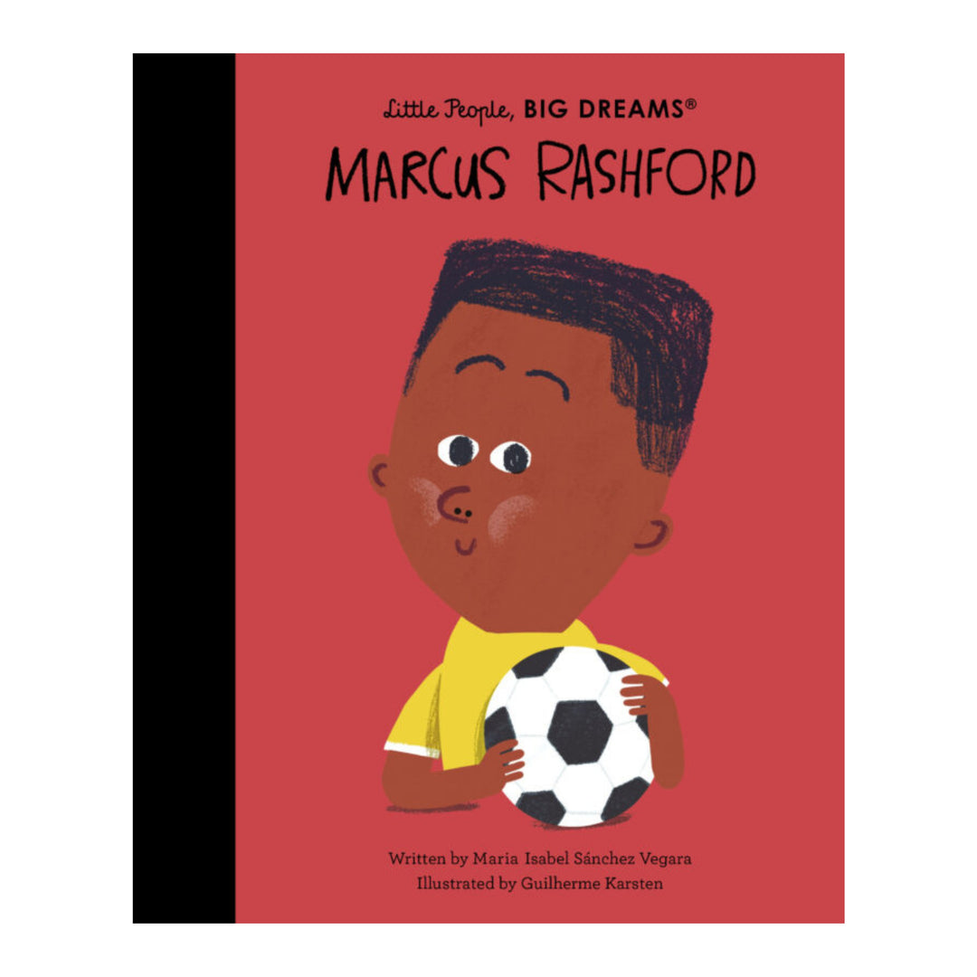 Children's book cover titled 'Marcus Rashford' from the 'Little People, Big Dreams' series, featuring an illustration of a young boy holding a soccer ball against a red background.