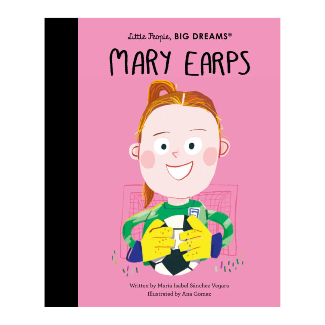 Children's book cover titled 'Mary Earps' from the 'Little People, Big Dreams' series, featuring a cartoon illustration of a smiling girl with red hair in a green and white goalkeeper uniform holding a soccer ball on a pink background.