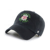 Black cap with embroidered design and text on a white background