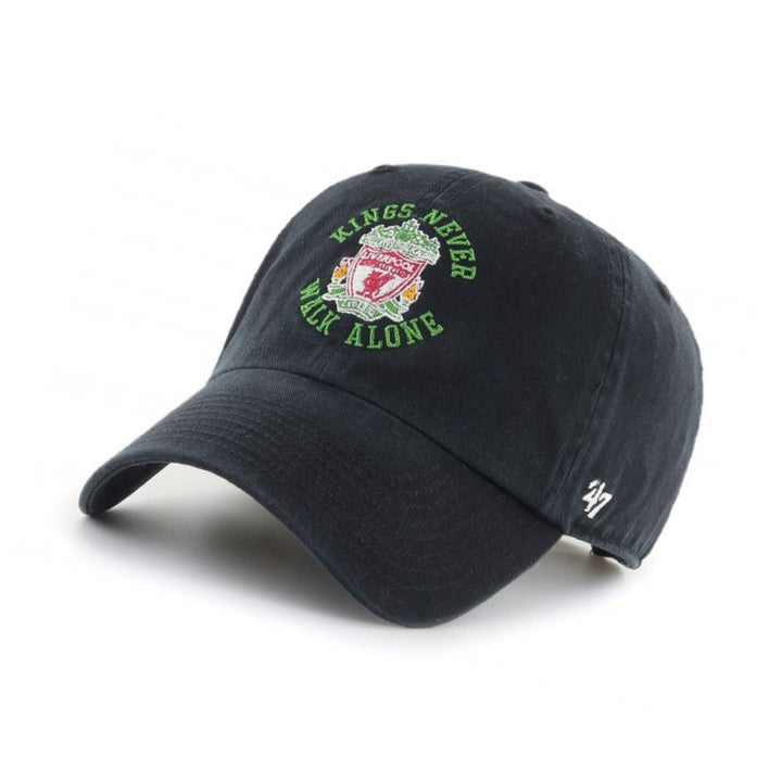 Black cap with embroidered design and text on a white background