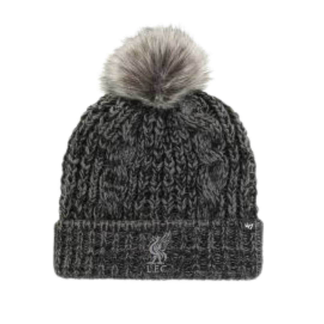 Gray knit beanie with a fur pom-pom on a white background