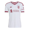 A white short-sleeve soccer jersey with red trim, featuring the Adidas logo, Liverpool FC crest, 'standard chartered' sponsor logo, and 'Expect' sleeve logo, shown on a plain white background.