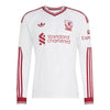 A white long-sleeve Adidas Liverpool football jersey with red stripes and logos, featuring the Liverpool club crest and Standard Chartered sponsor on the front.