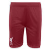 Red athletic shorts with white side stripes and a white embroidered Liverpool F.C.