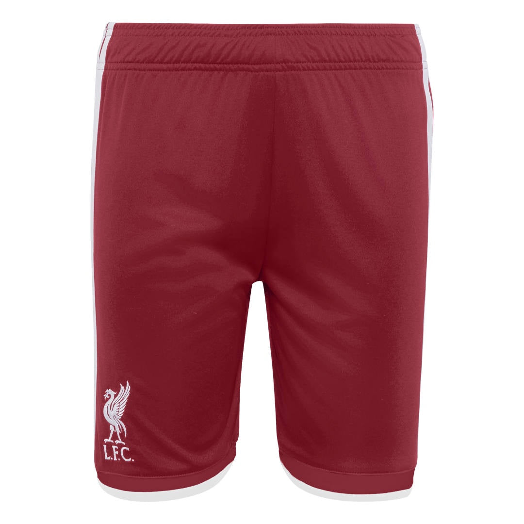Red athletic shorts with white side stripes and a white embroidered Liverpool F.C.
