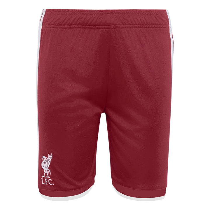 Red athletic shorts with white side stripes and a white embroidered Liverpool F.C.