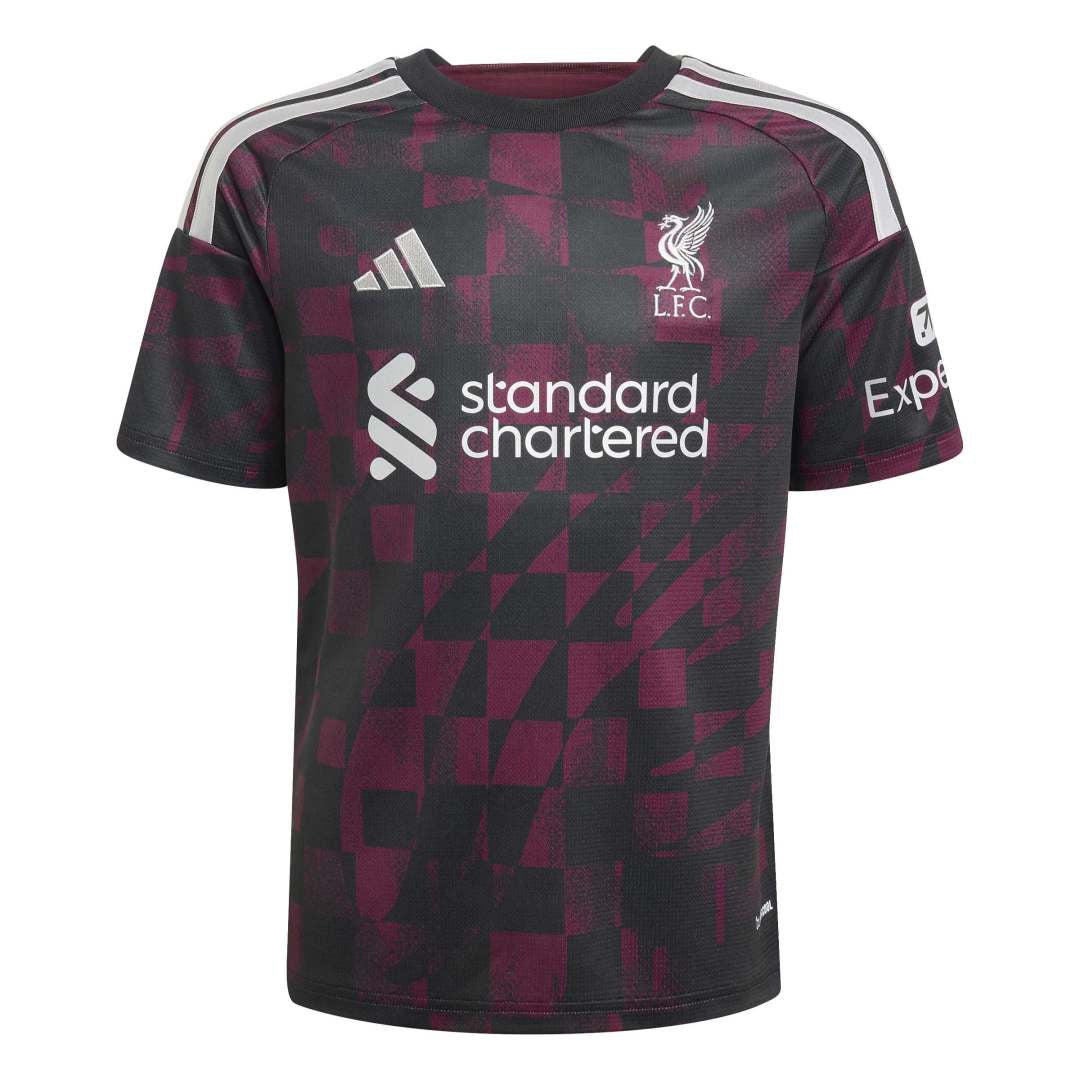 A short-sleeve soccer jersey with a black and dark magenta geometric pattern, featuring the Liverpool F.C.