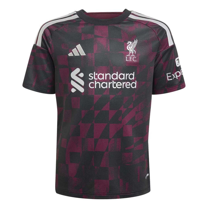 A short-sleeve soccer jersey with a black and dark magenta geometric pattern, featuring the Liverpool F.C.