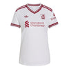 White Adidas Liverpool football jersey with red trim, featuring the Liverpool club crest, standard chartered sponsor logo, and Adidas trefoil logo.