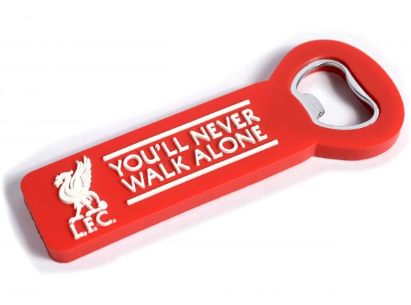 Red bottle opener with 'You'll Never Walk Alone' text and Liverpool FC logo on a white background
