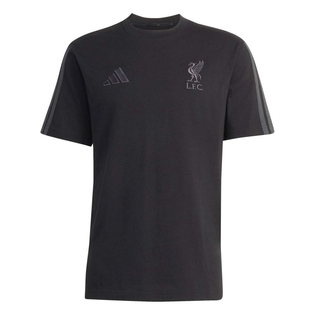 Black t-shirt with Adidas logo and Liverpool FC emblem on a white background