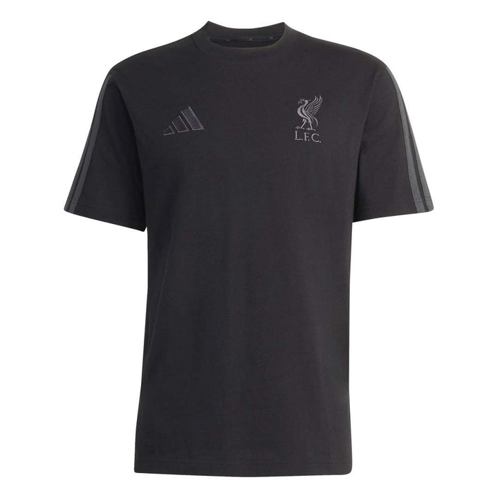 Black t-shirt with Adidas logo and Liverpool FC emblem on a white background