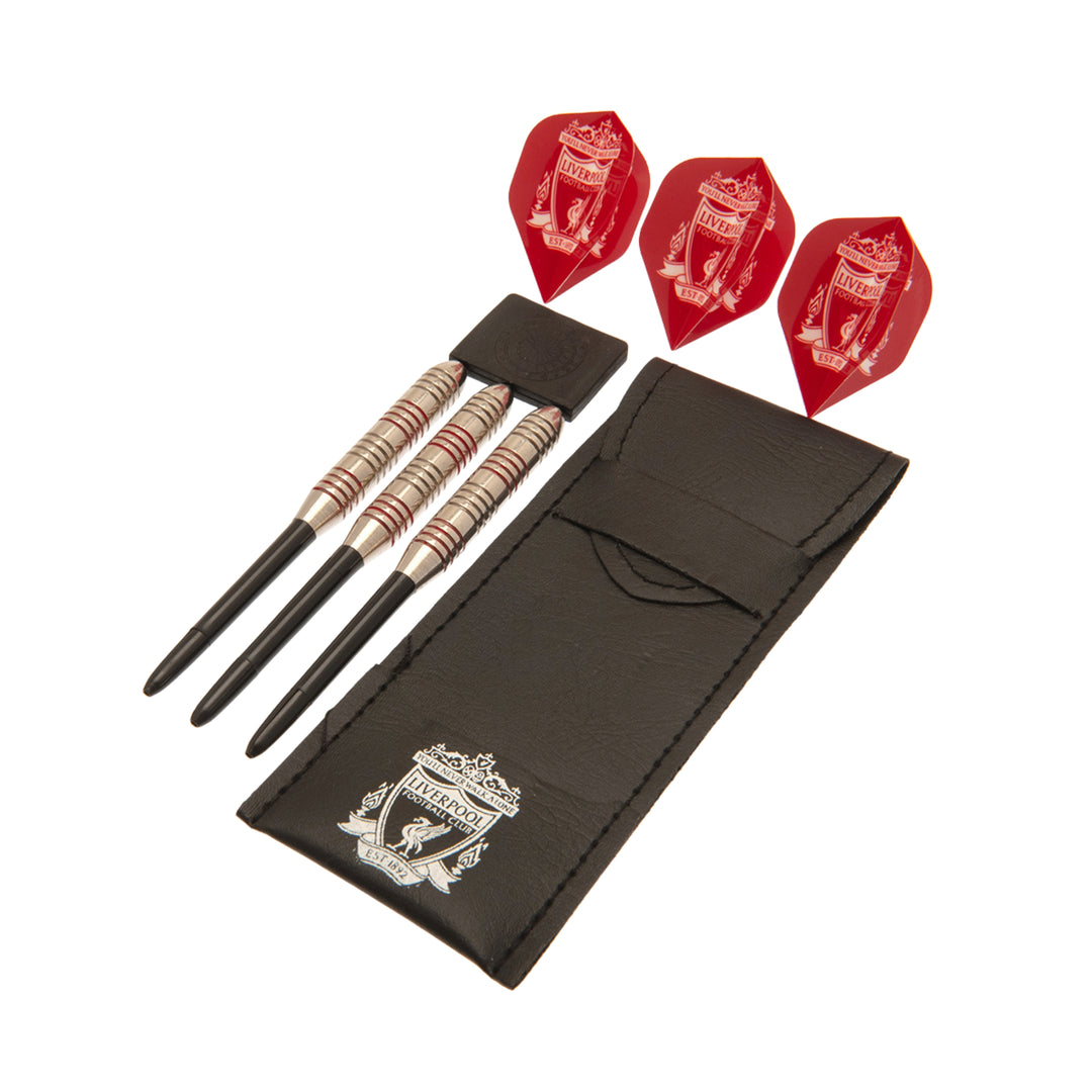 A set of black darts with metallic silver and red striped barrels, three red flights printed with the Liverpool FC crest, and a black leather pouch featuring the same silver crest, shown on a white background.