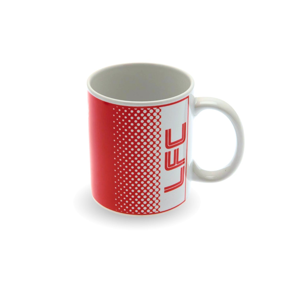 Red and white mug with 'LFC' branding on a white background