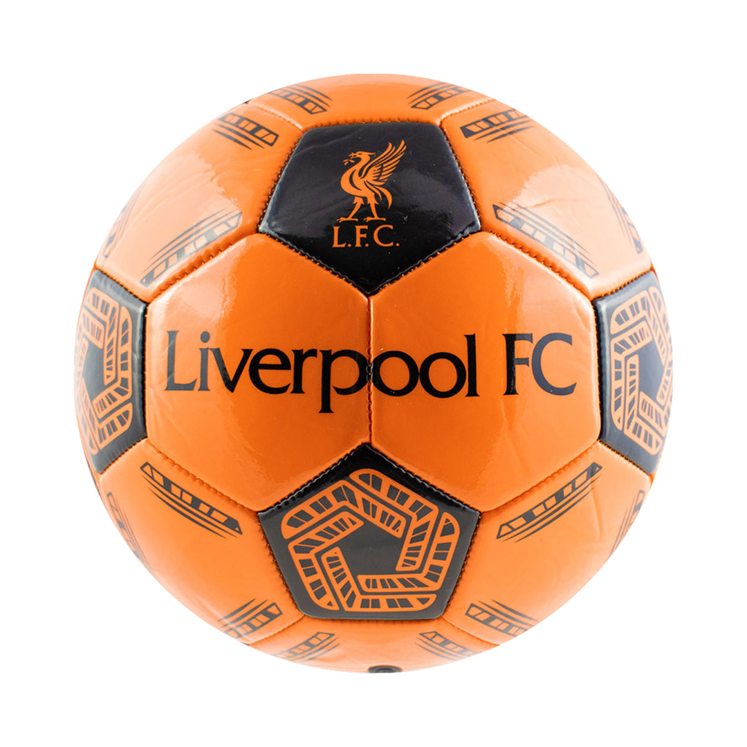 An orange and black Liverpool FC soccer ball with the club's name and crest printed prominently on the panels, isolated on a white background.