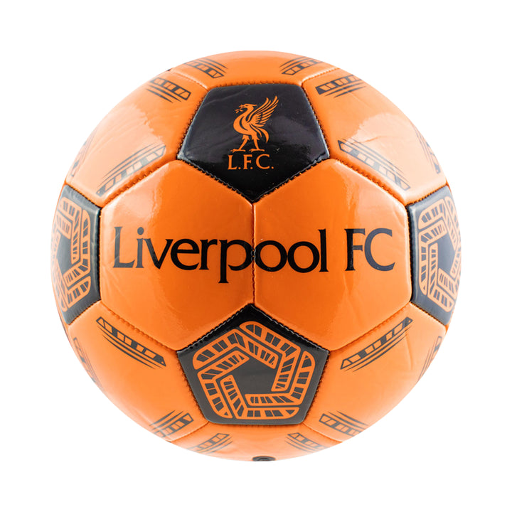 An orange and black Liverpool FC soccer ball with the club's name and crest printed prominently on the panels, isolated on a white background.